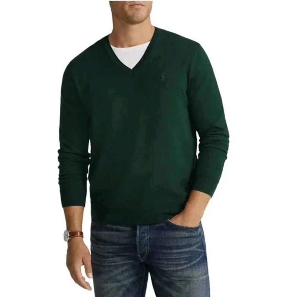 NWT Polo Ralph Lauren Sweater Washable Merino Wool V-Neck Green Sz M Long Sleeve